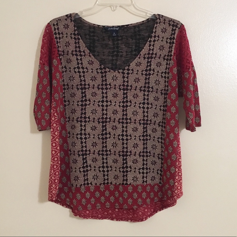 Lucky Brand Small Boho Patchwork Short Sleeve Top